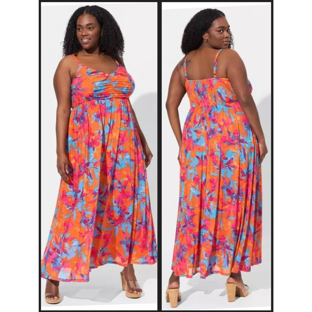 TORRID Soft Mesh Pleated Maxi Dress Tropical Floral Orange Pink Blue 1X NWT